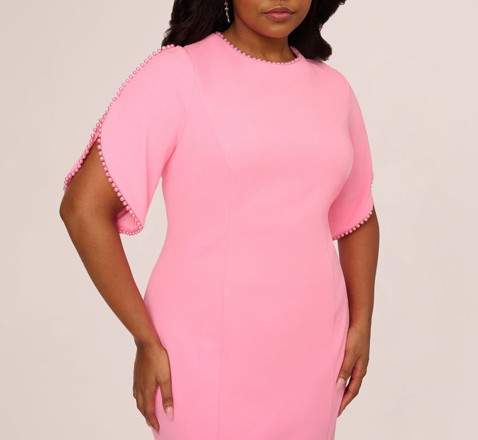 Plus Size Crepe Midi Length Sheath Dress With Pearl Trimmed Sleeves In Cherry Blossom