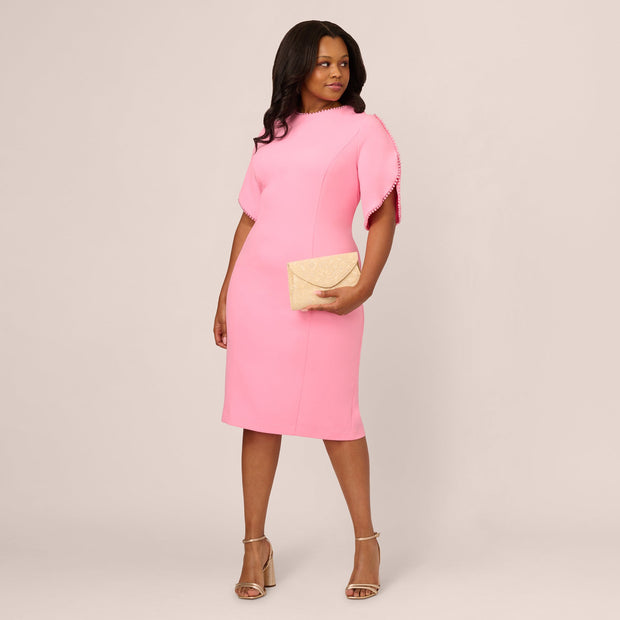 Plus Size Crepe Midi Length Sheath Dress With Pearl Trimmed Sleeves In Cherry Blossom