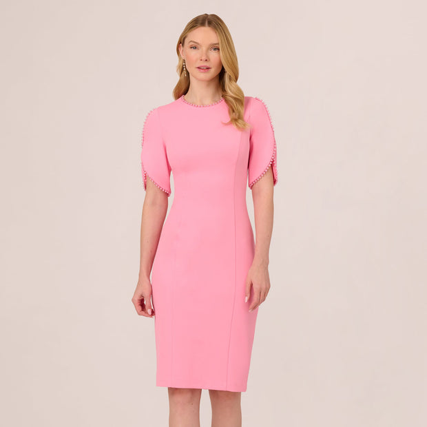 Crepe Midi Length Sheath Dress With Pearl Trimmed Sleeves In Cherry Blossom