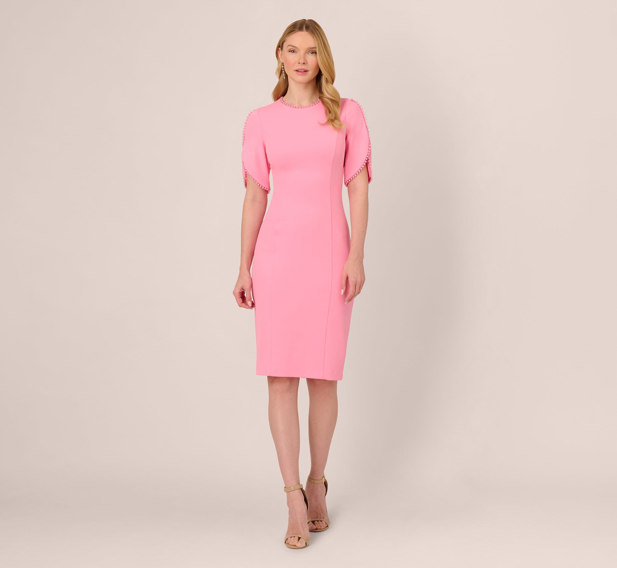Crepe Midi Length Sheath Dress With Pearl Trimmed Sleeves In Cherry Blossom