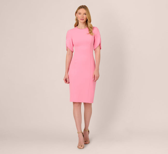 Crepe Midi Length Sheath Dress With Pearl Trimmed Sleeves In Cherry Blossom