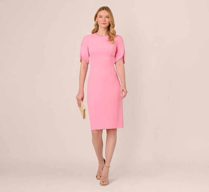 Crepe Midi Length Sheath Dress With Pearl Trimmed Sleeves In Cherry Blossom