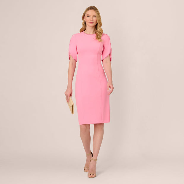 Crepe Midi Length Sheath Dress With Pearl Trimmed Sleeves In Cherry Blossom