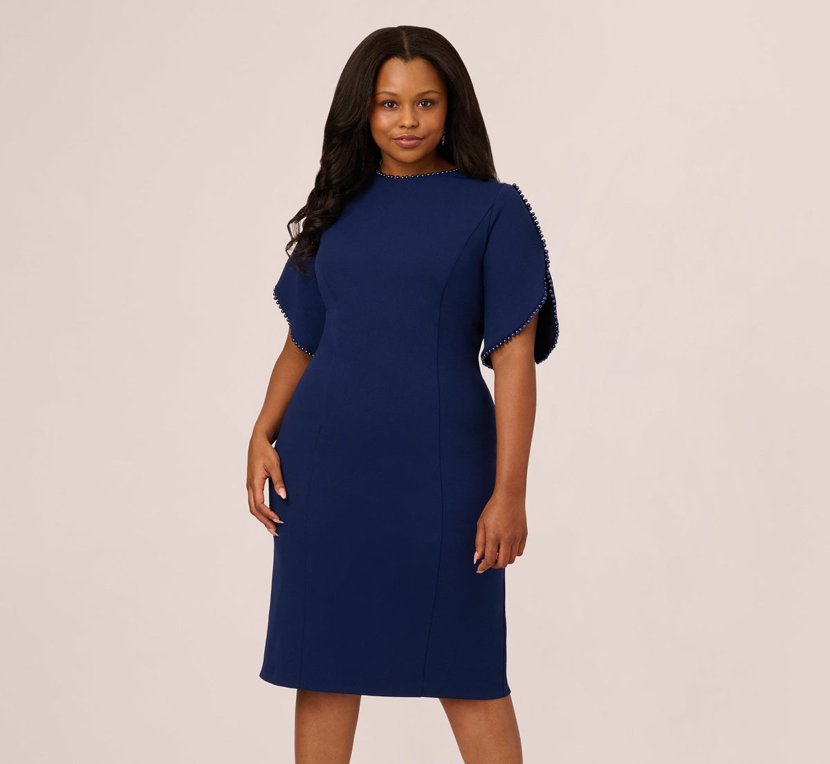 Plus Size Crepe Midi Length Sheath Dress With Pearl Trimmed Sleeves In Navy Sateen
