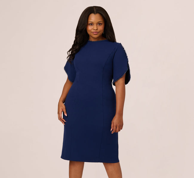 Plus Size Crepe Midi Length Sheath Dress With Pearl Trimmed Sleeves In Navy Sateen