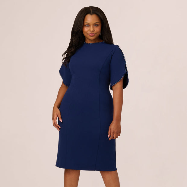 Plus Size Crepe Midi Length Sheath Dress With Pearl Trimmed Sleeves In Navy Sateen
