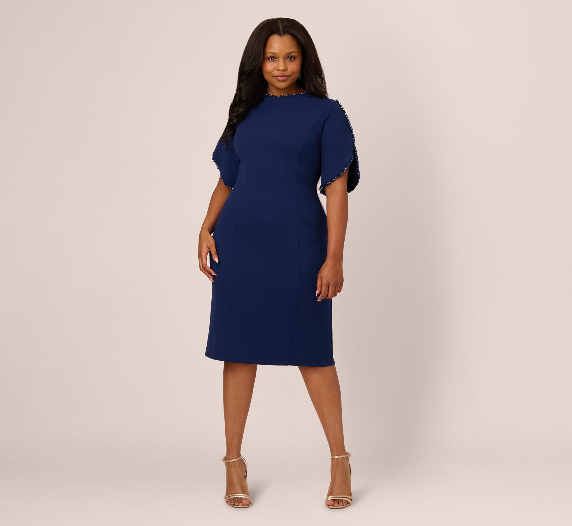 Plus Size Crepe Midi Length Sheath Dress With Pearl Trimmed Sleeves In Navy Sateen