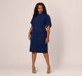 Plus Size Crepe Midi Length Sheath Dress With Pearl Trimmed Sleeves In Navy Sateen