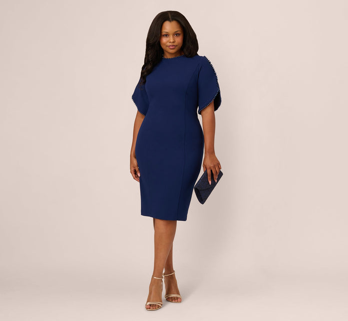 Plus Size Crepe Midi Length Sheath Dress With Pearl Trimmed Sleeves In Navy Sateen