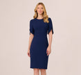 Crepe Midi Length Sheath Dress With Pearl Trimmed Sleeves In Navy Sateen