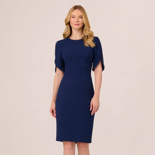Crepe Midi Length Sheath Dress With Pearl Trimmed Sleeves In Navy Sateen