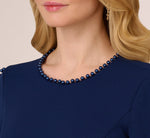 Crepe Midi Length Sheath Dress With Pearl Trimmed Sleeves In Navy Sateen