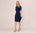 Crepe Midi Length Sheath Dress With Pearl Trimmed Sleeves In Navy Sateen