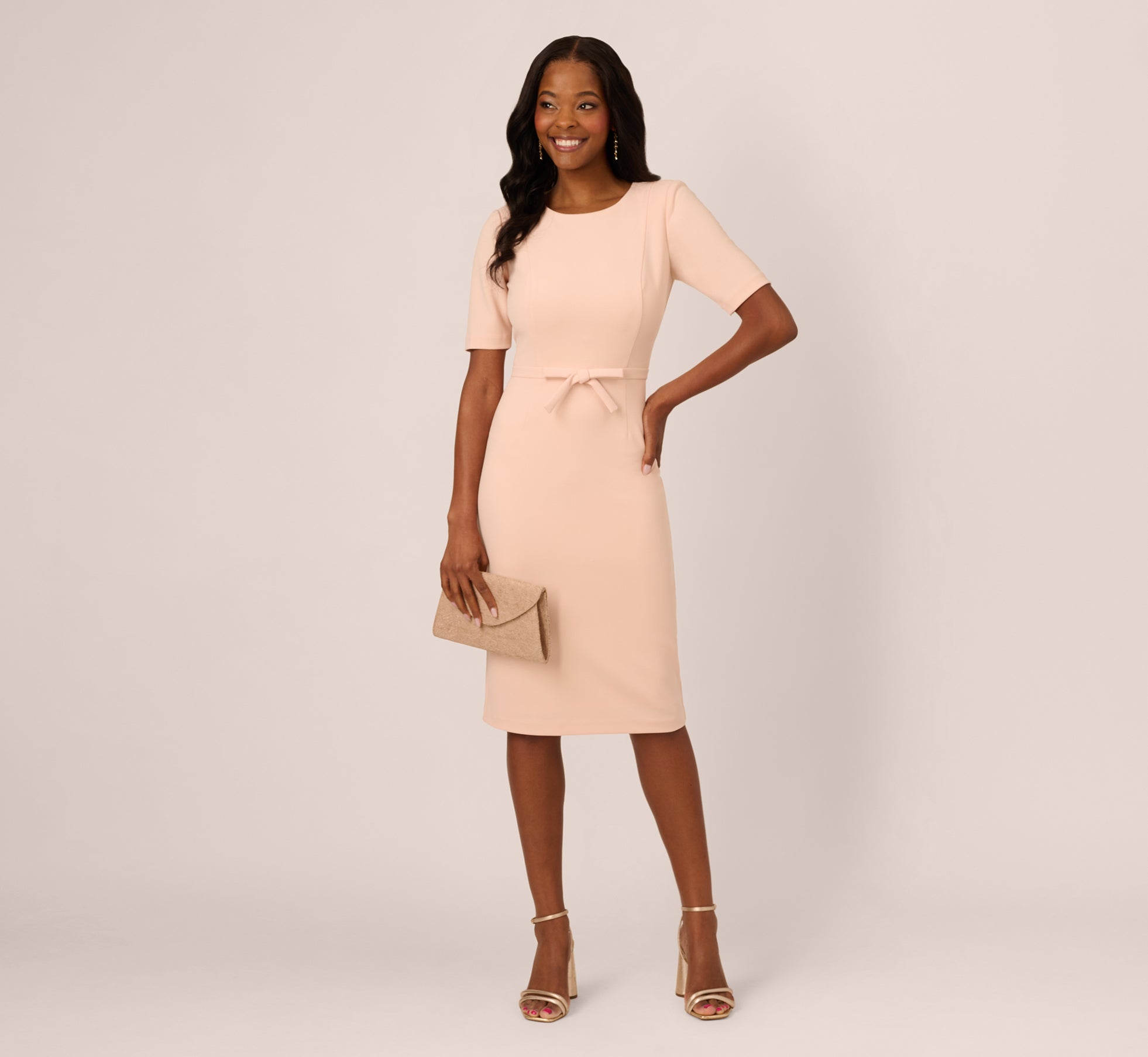 Short Sleeve Bow Waist Sheath Dress In Blush