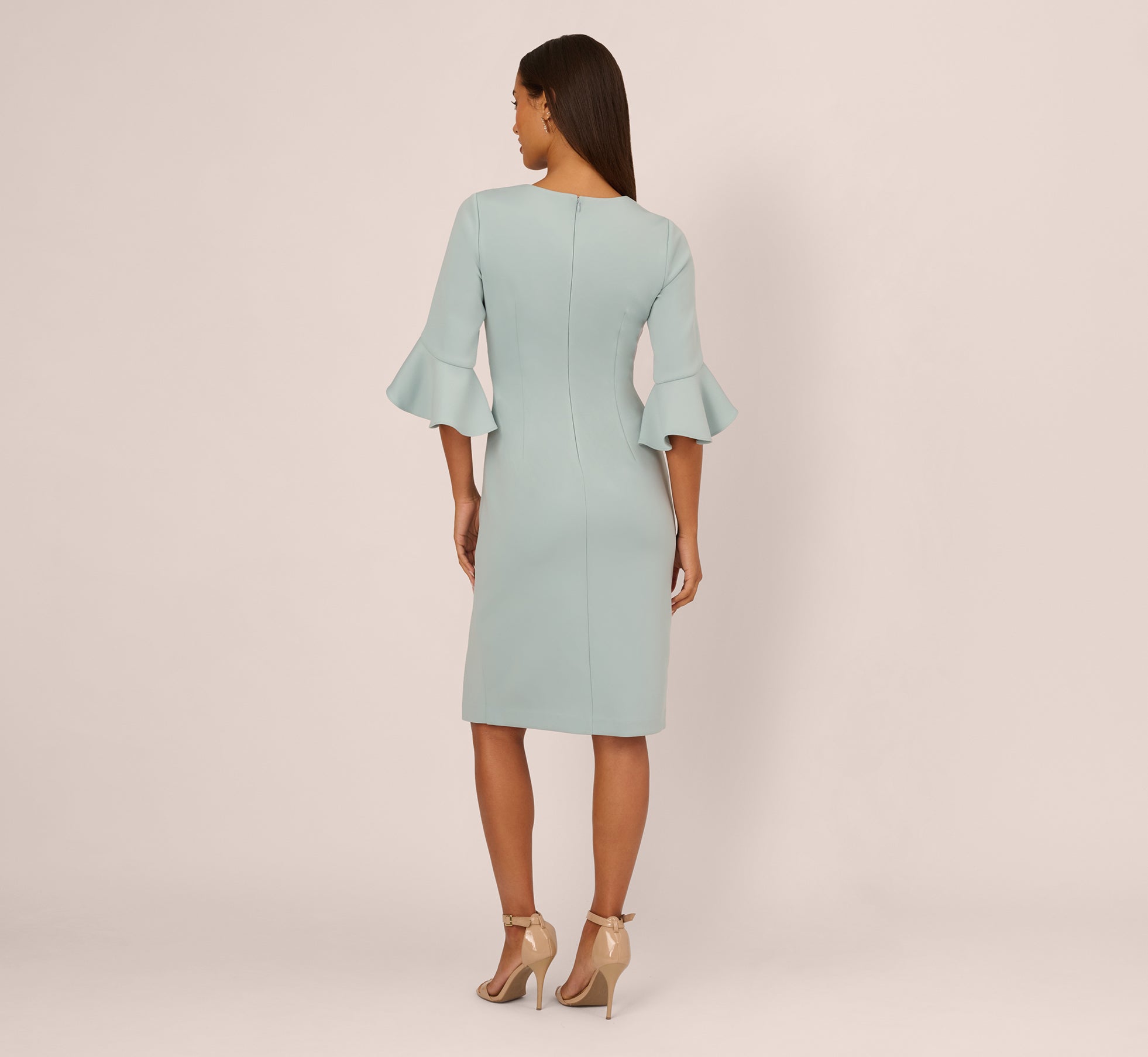 Three Quarter Sleeve Faux Wrap Midi Dress In Aqua Dust