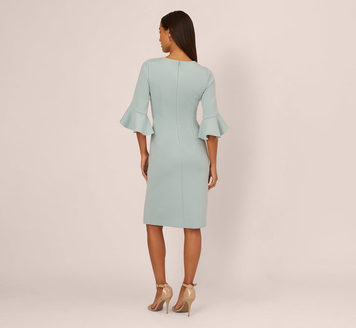 Three Quarter Sleeve Faux Wrap Midi Dress In Aqua Dust