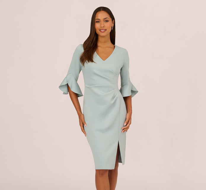 Three Quarter Sleeve Faux Wrap Midi Dress In Aqua Dust