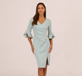 Three Quarter Sleeve Faux Wrap Midi Dress In Aqua Dust
