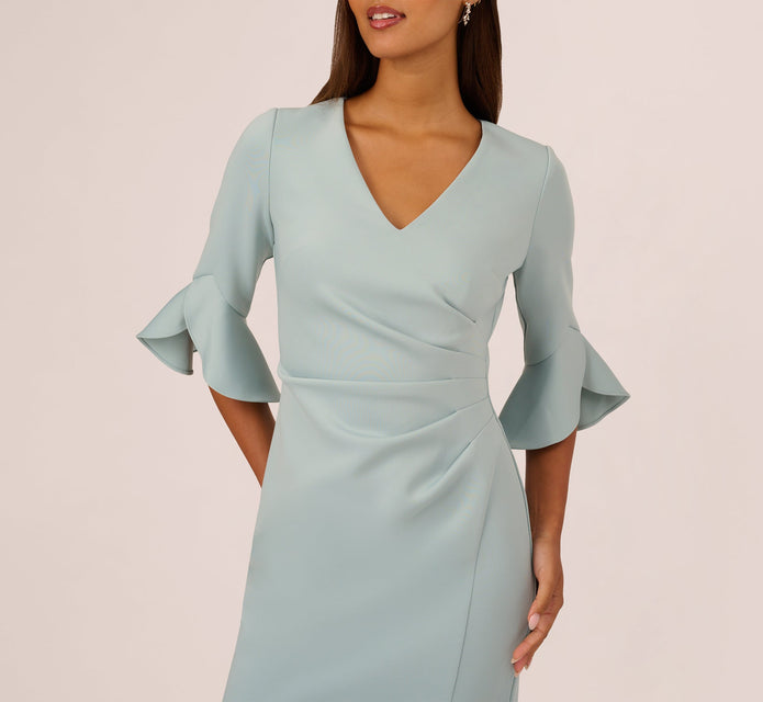 Three Quarter Sleeve Faux Wrap Midi Dress In Aqua Dust