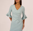 Three Quarter Sleeve Faux Wrap Midi Dress In Aqua Dust