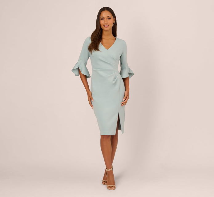 Three Quarter Sleeve Faux Wrap Midi Dress In Aqua Dust