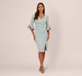 Three Quarter Sleeve Faux Wrap Midi Dress In Aqua Dust