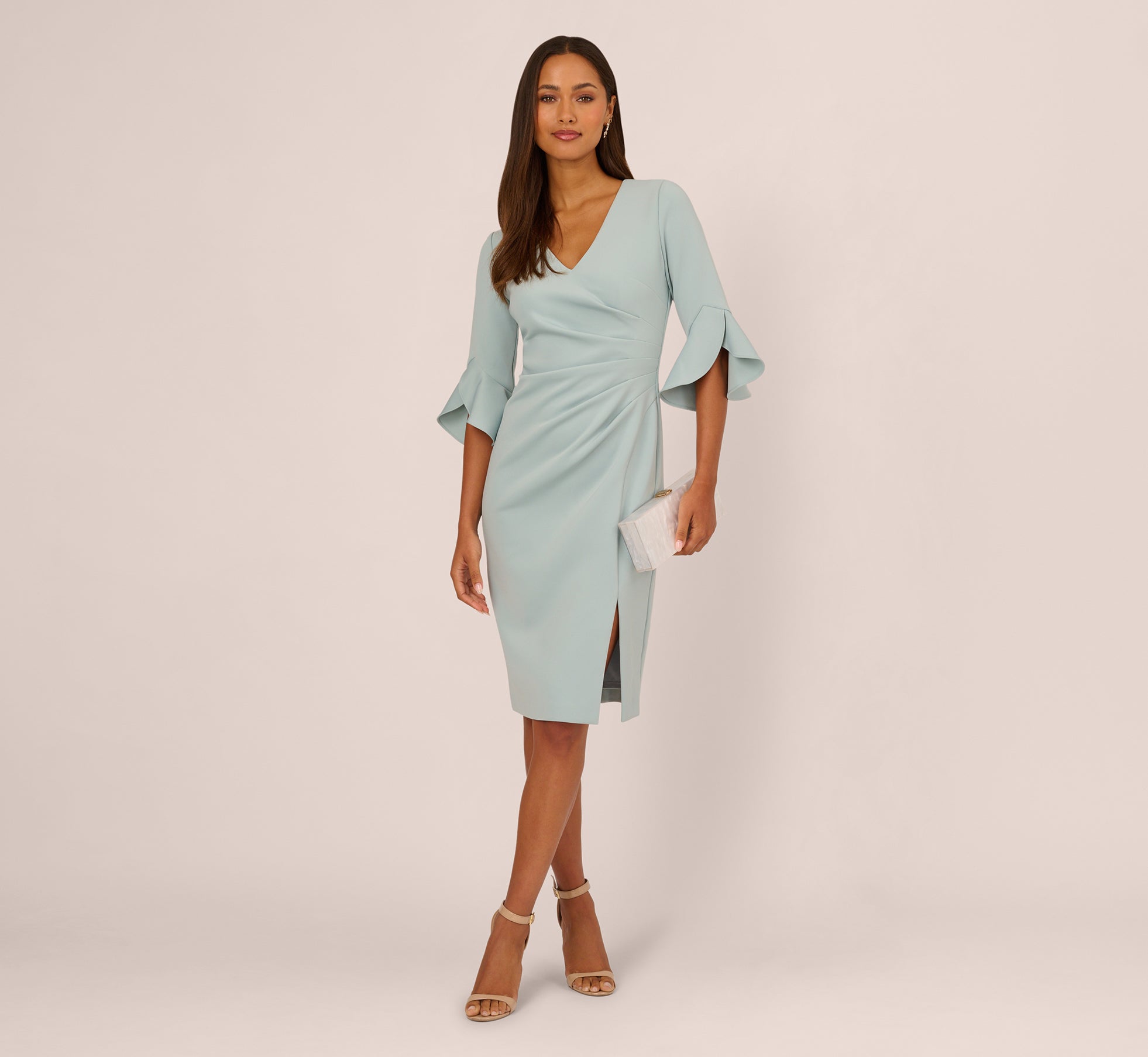 Three Quarter Sleeve Faux Wrap Midi Dress In Aqua Dust