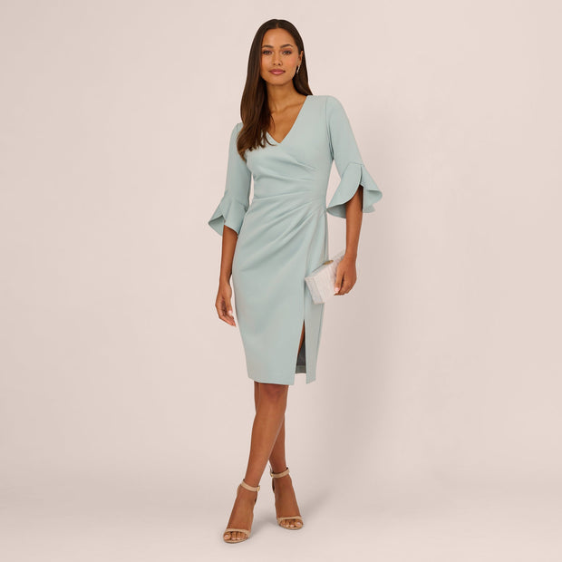 Three Quarter Sleeve Faux Wrap Midi Dress In Aqua Dust
