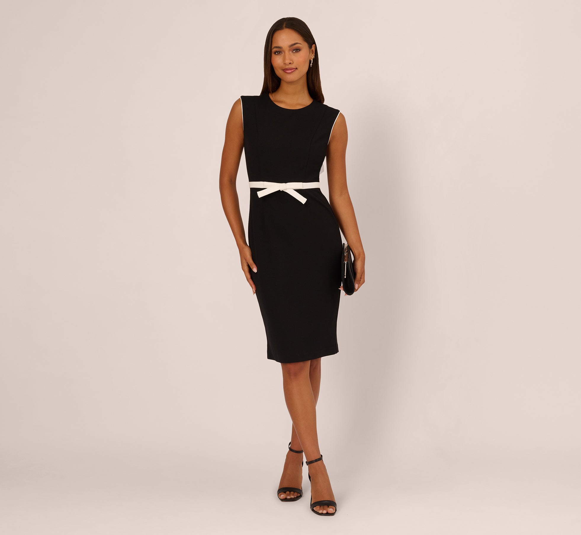 Cap Sleeve Contrast Trim Sheath Dress In Black Ivory