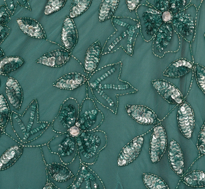 Hand Beaded Short Sleeve Floral Godet Gown In Jade