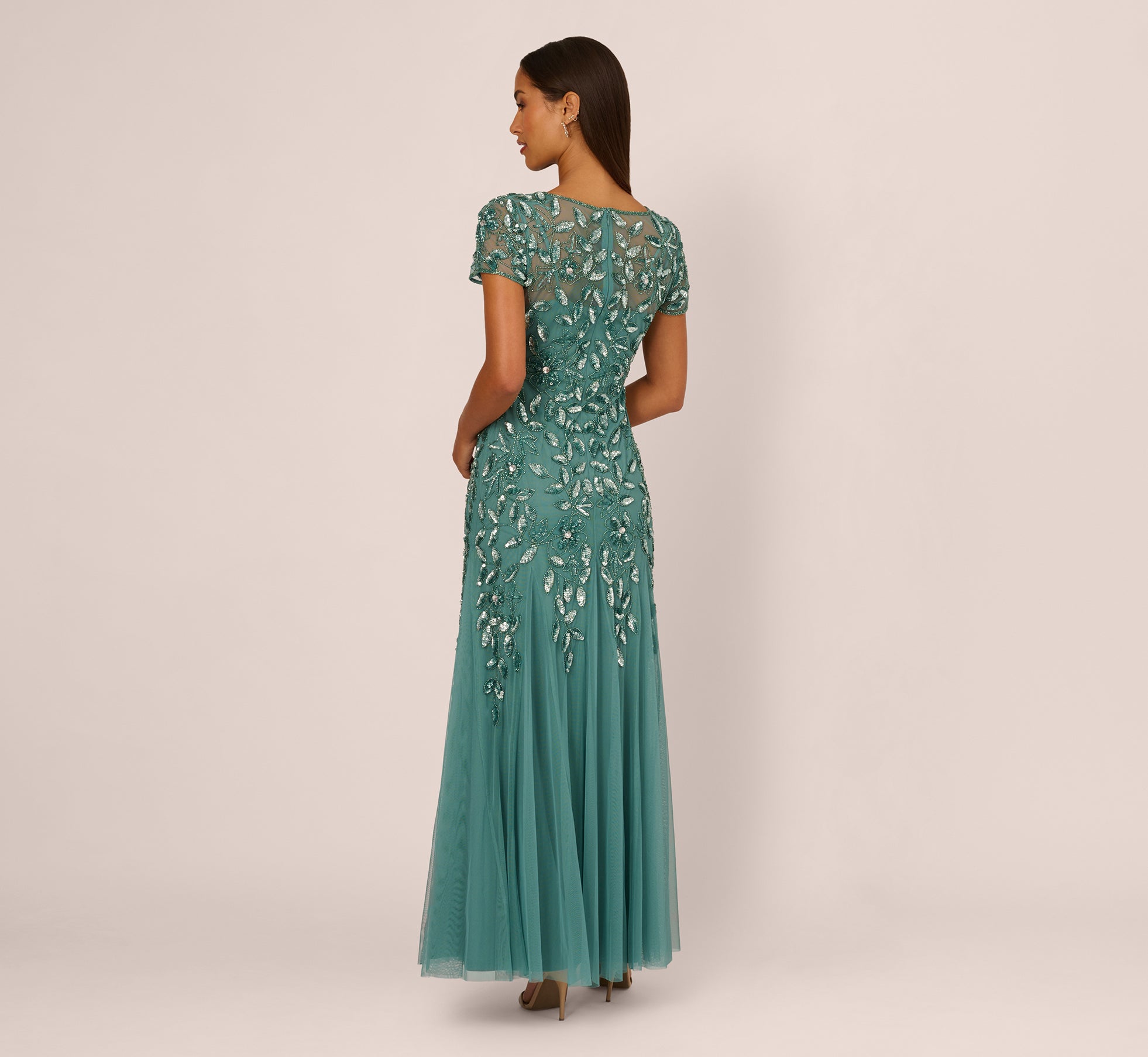 Hand Beaded Short Sleeve Floral Godet Gown In Jade