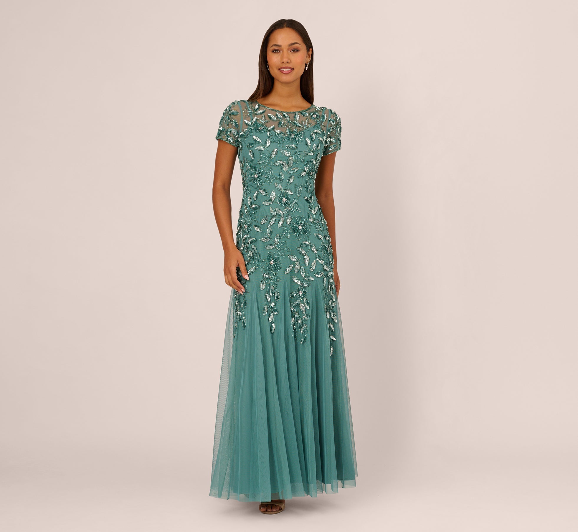 Hand Beaded Short Sleeve Floral Godet Gown In Jade