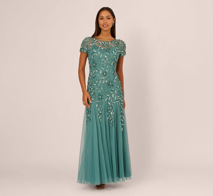 Hand Beaded Short Sleeve Floral Godet Gown In Jade