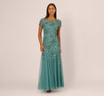 Hand Beaded Short Sleeve Floral Godet Gown In Jade