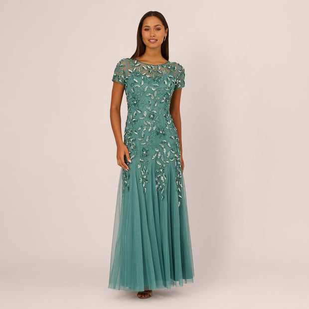 Hand Beaded Short Sleeve Floral Godet Gown In Jade