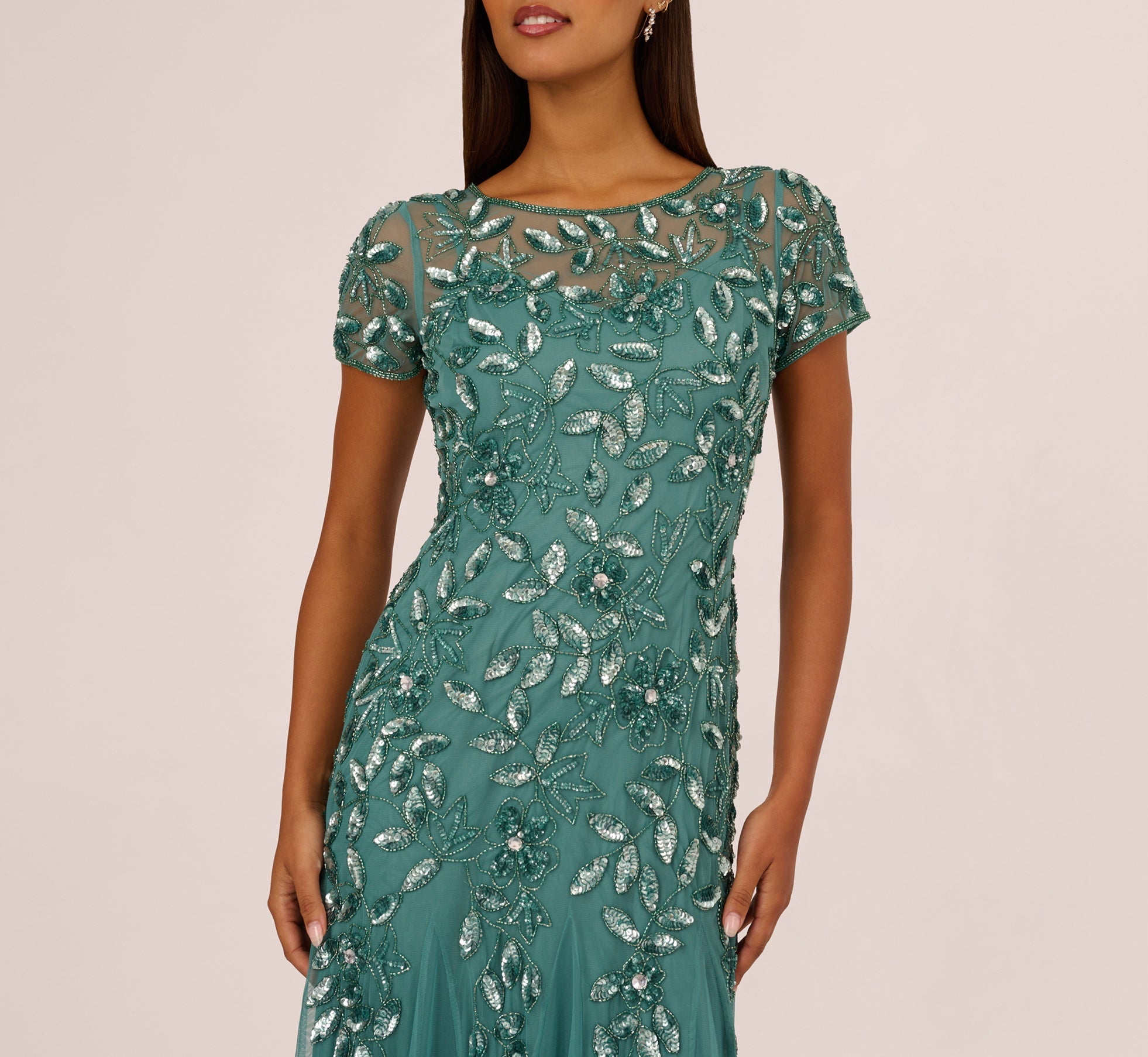 Hand Beaded Short Sleeve Floral Godet Gown In Jade