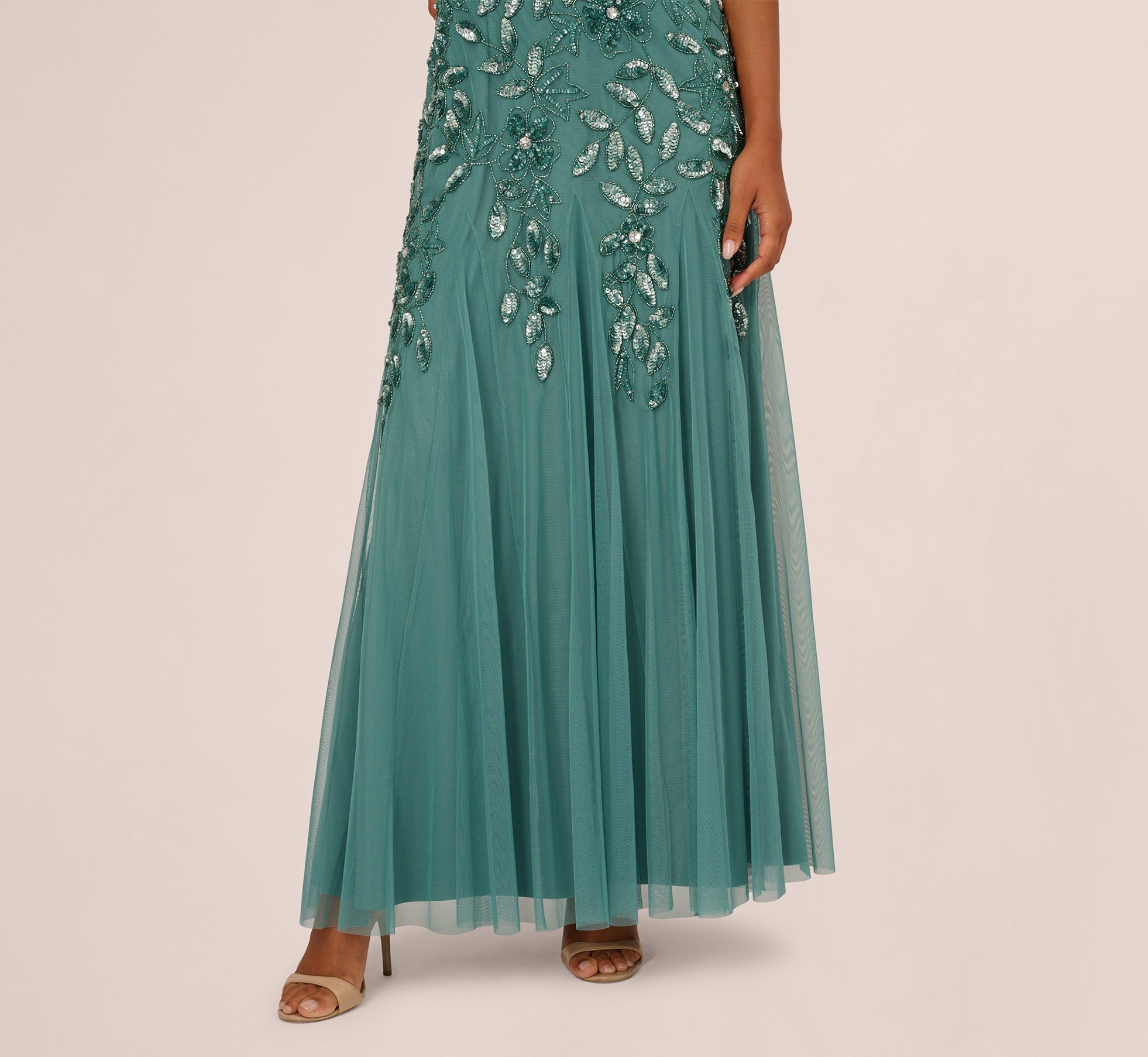 Hand Beaded Short Sleeve Floral Godet Gown In Jade