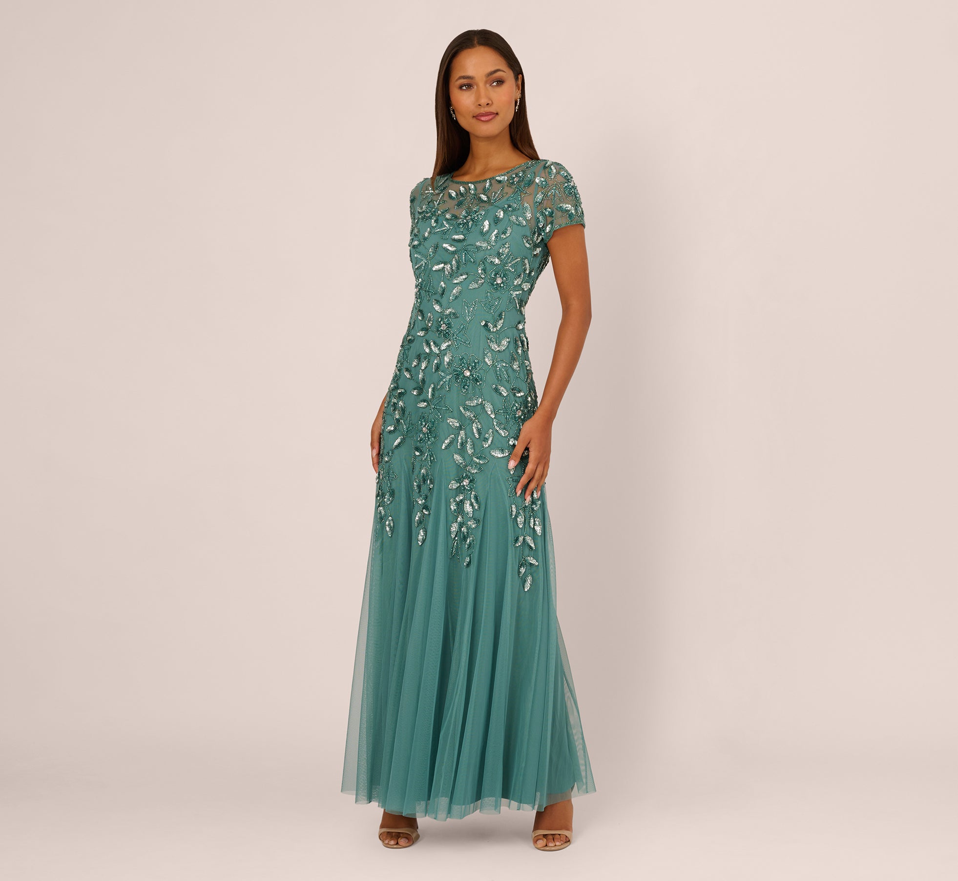 Hand Beaded Short Sleeve Floral Godet Gown In Jade