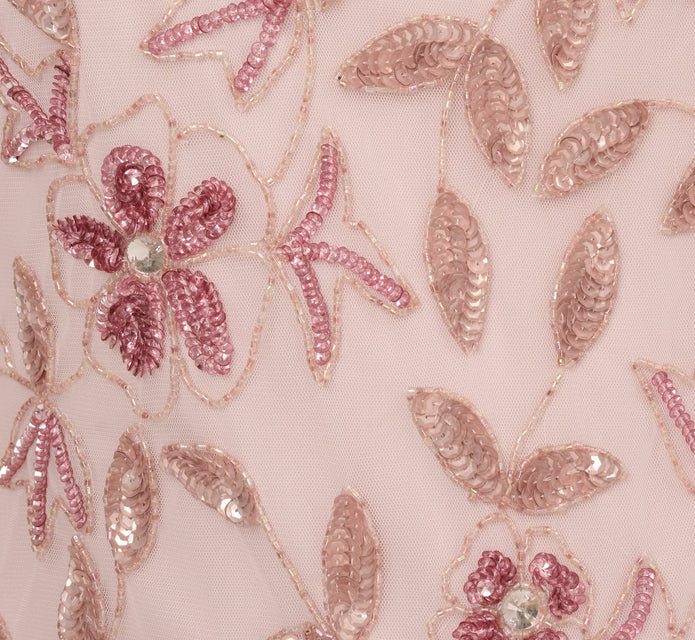 Plus Size Hand Beaded Short Sleeve Floral Godet Gown In Blush Pink