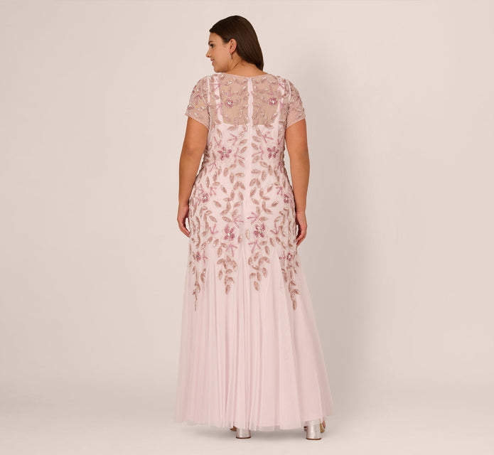 Plus Size Hand Beaded Short Sleeve Floral Godet Gown In Blush Pink