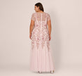 Plus Size Hand Beaded Short Sleeve Floral Godet Gown In Blush Pink