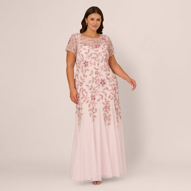 Plus Size Hand Beaded Short Sleeve Floral Godet Gown In Blush Pink