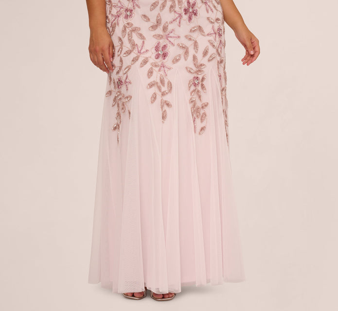 Plus Size Hand Beaded Short Sleeve Floral Godet Gown In Blush Pink