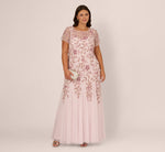 Plus Size Hand Beaded Short Sleeve Floral Godet Gown In Blush Pink