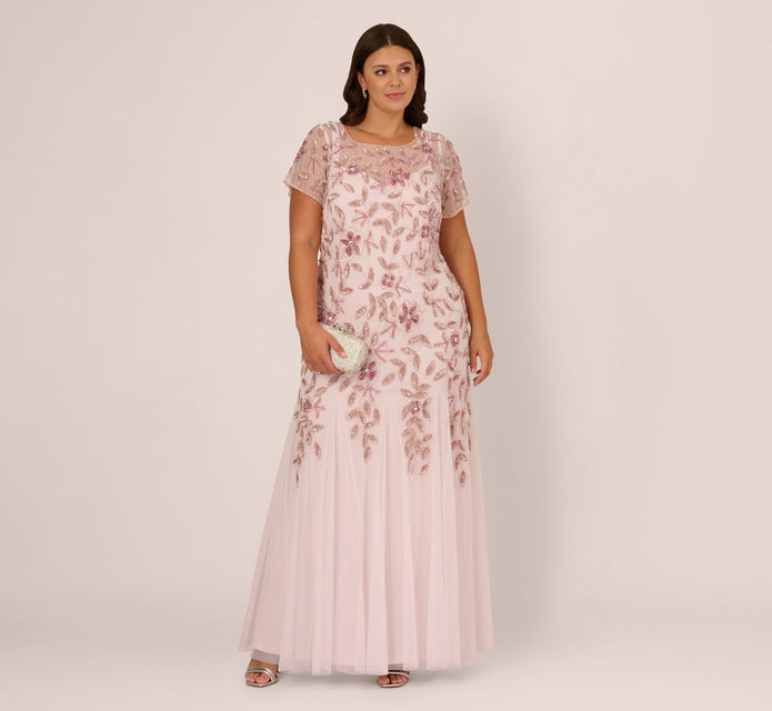 Plus Size Hand Beaded Short Sleeve Floral Godet Gown In Blush Pink