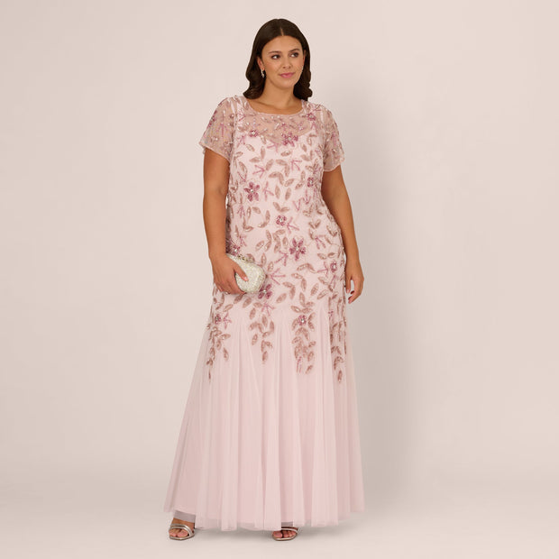Plus Size Hand Beaded Short Sleeve Floral Godet Gown In Blush Pink