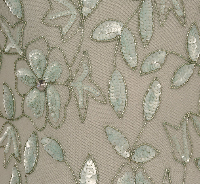 Plus Size Hand Beaded Short Sleeve Floral Godet Gown In Frosted Sage