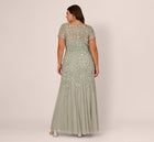 Plus Size Hand Beaded Short Sleeve Floral Godet Gown In Frosted Sage