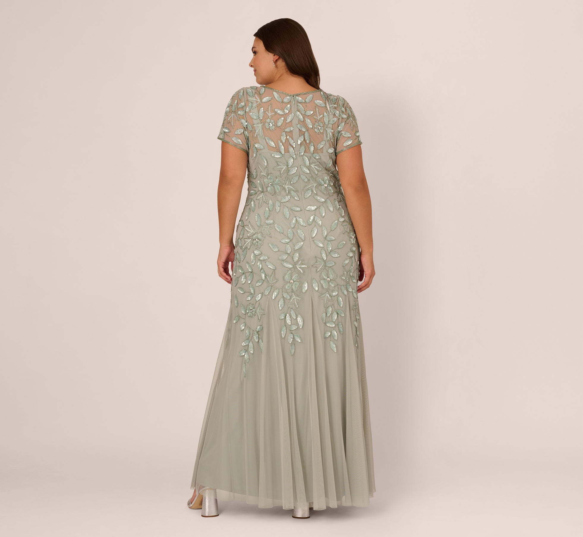 Plus Size Hand Beaded Short Sleeve Floral Godet Gown In Frosted Sage