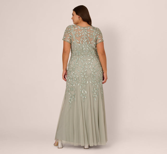 Plus Size Hand Beaded Short Sleeve Floral Godet Gown In Frosted Sage